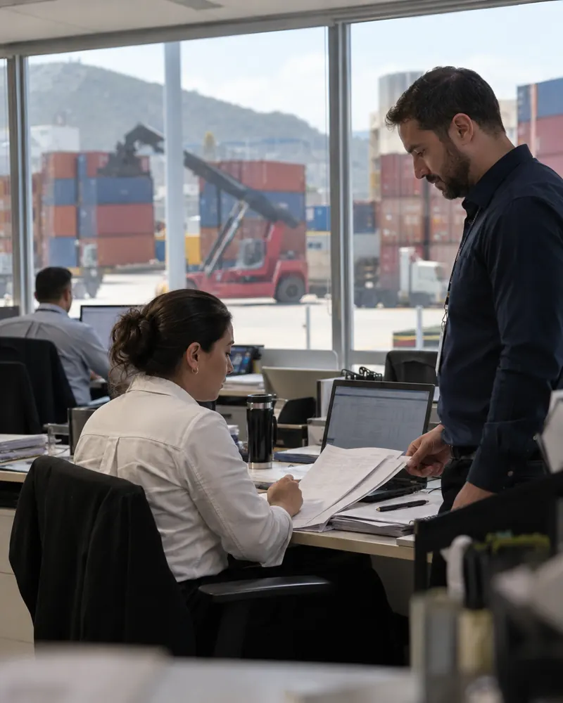 Equipe de importação conferindo documentos de uma carga